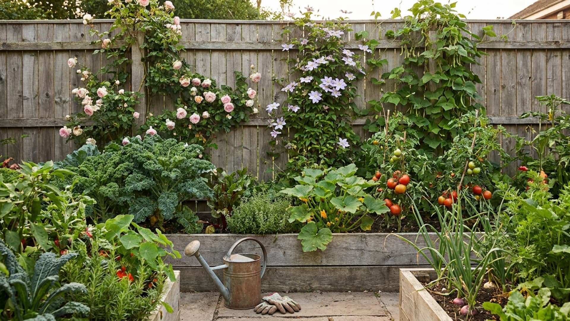 a kitchen garden growing against a wooden fence with climbing plants and mixed vegetables in front