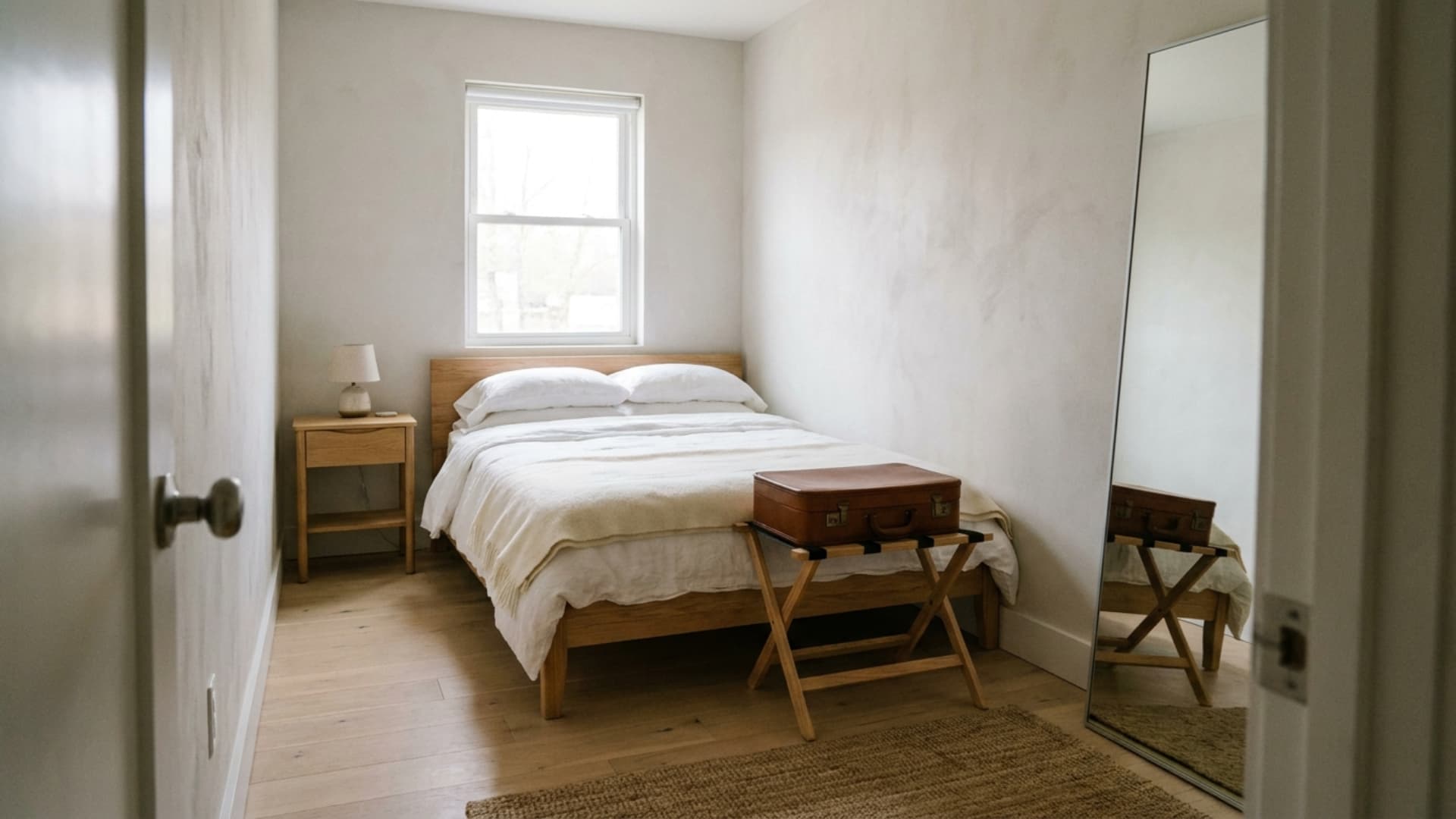 minimalist guest bedroom with white linen bedding, wood furniture, luggage rack, and full-length mirror