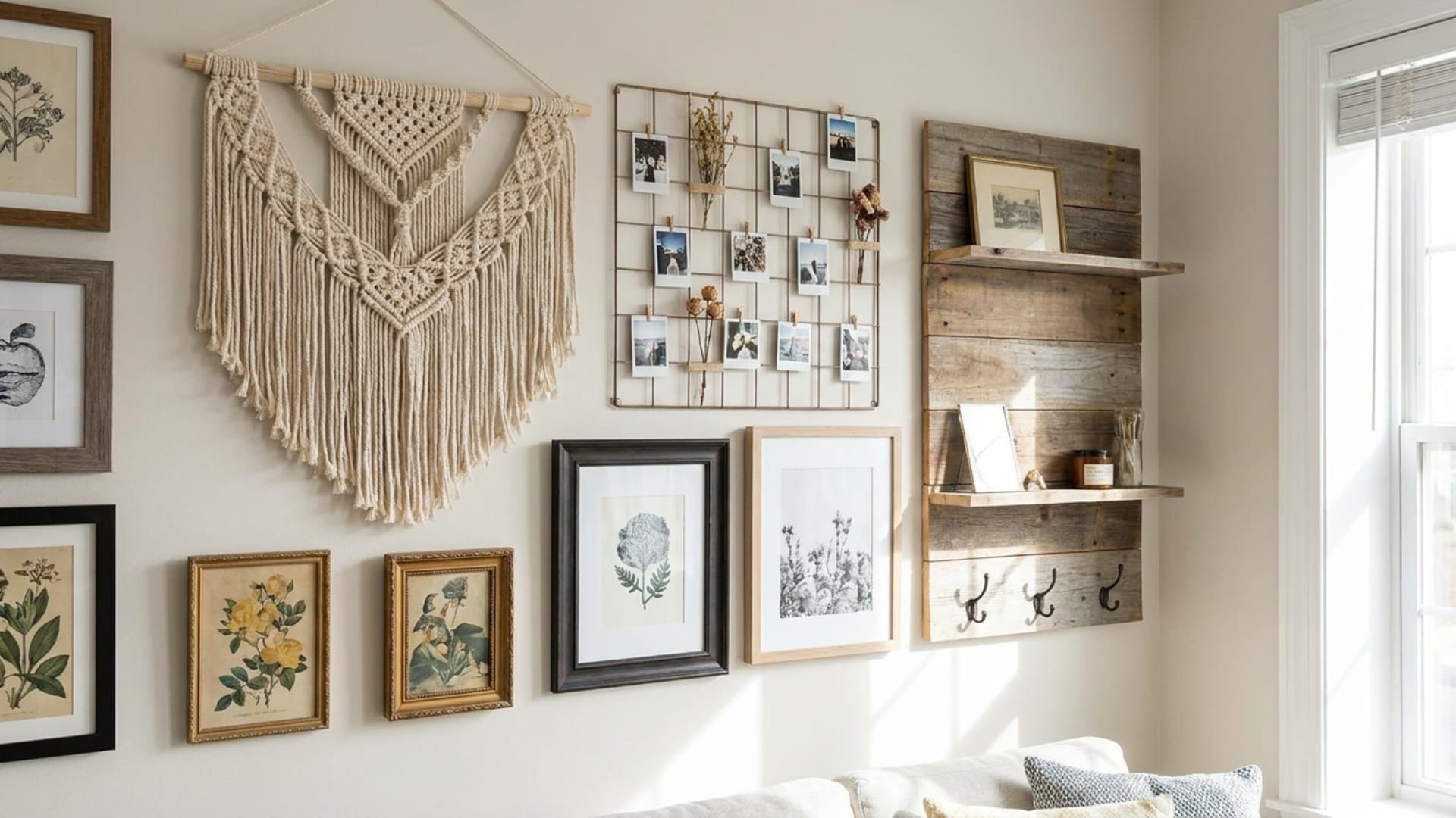diy wall decor ideas displayed as gallery wall with mixed frames macrame and greenery on white wall