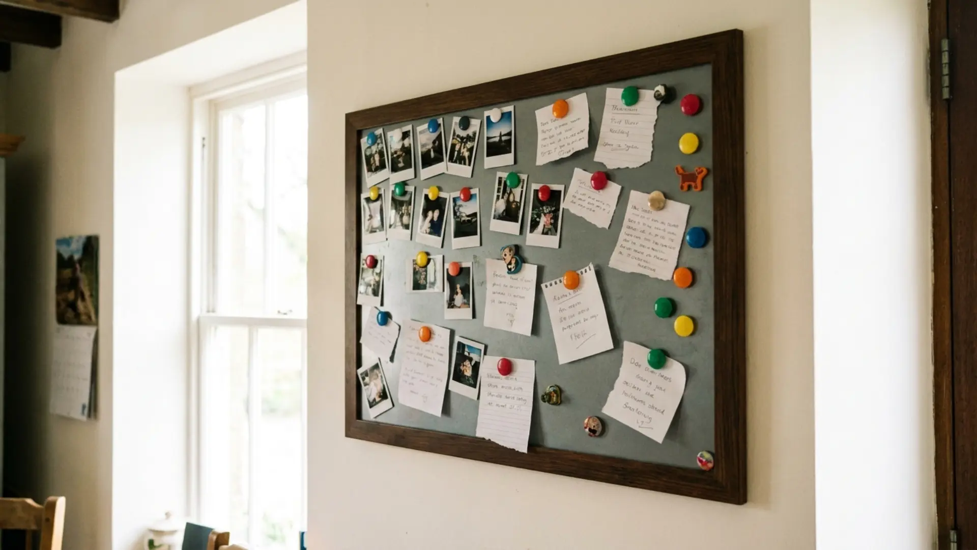 framed magnetic board with photos and notes mounted on warm white wall