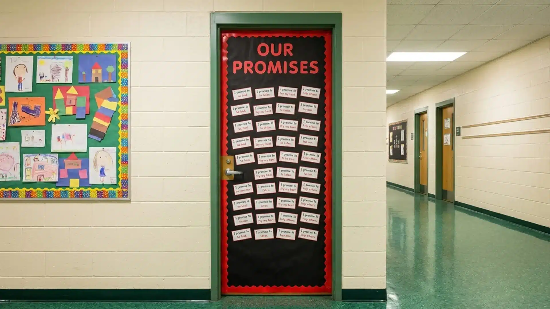 classroom door displaying a sign that says our promises with a bright and inviting design