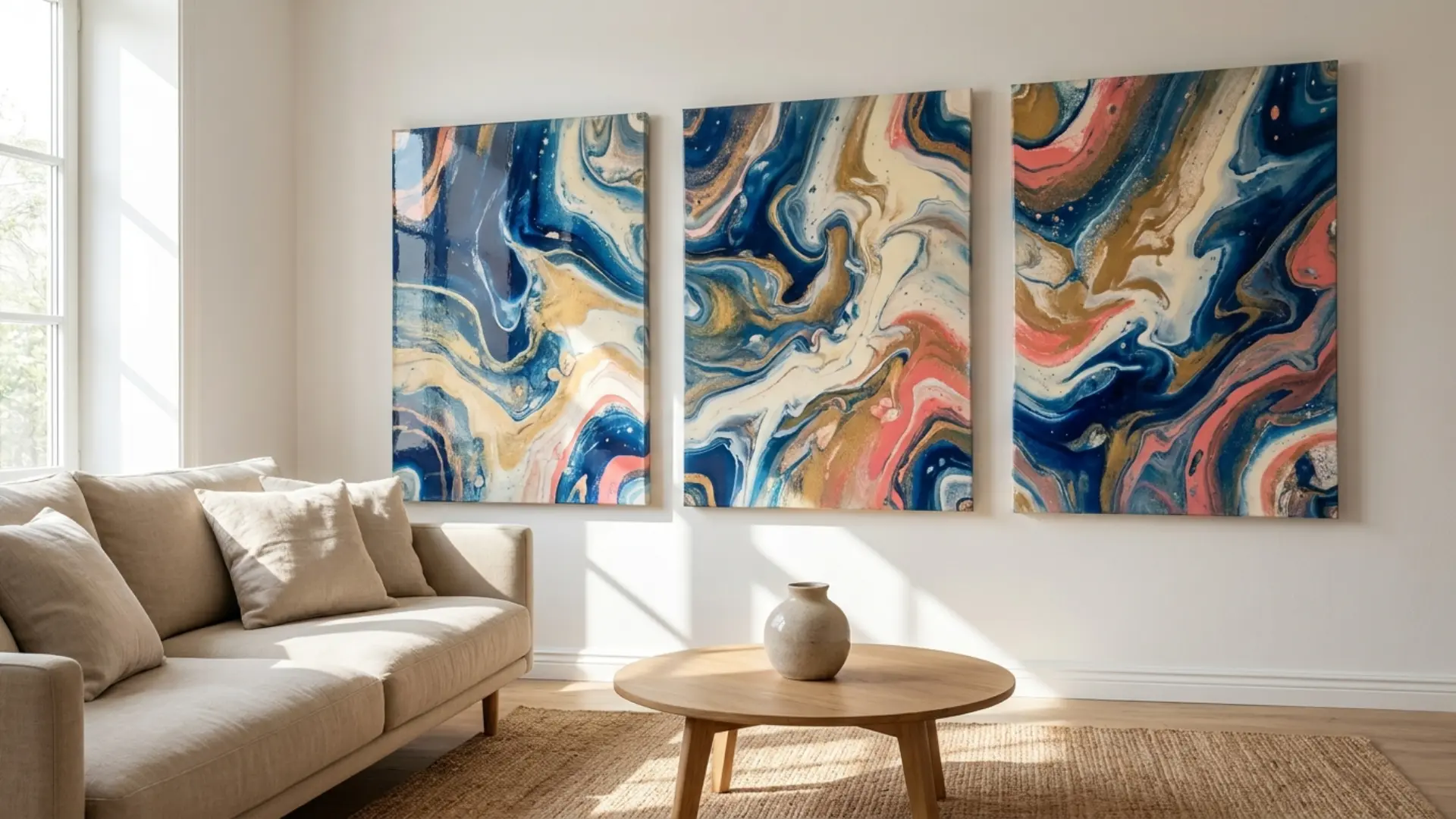 abstract acrylic pour painting in blue and gold tones on stretched canvas