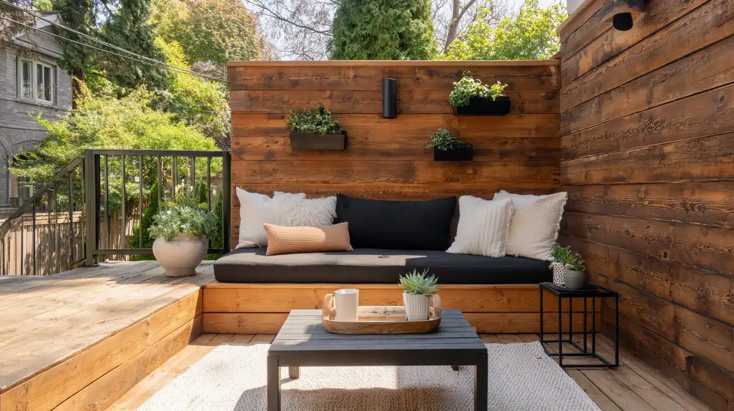 dark walnut wood slat accent wall behind linen sofa and black coffee table on a natural wood deck