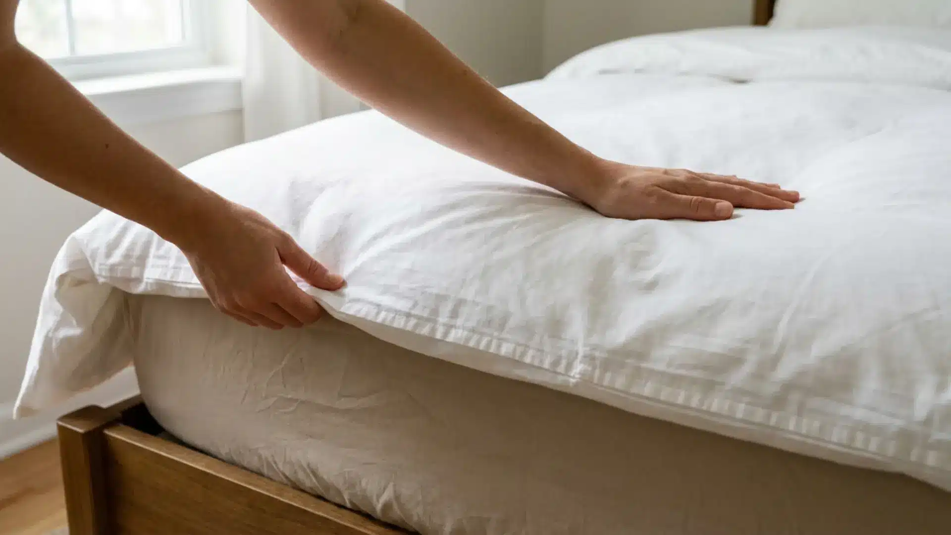 white duvet cover being smoothed flat over guest bed with fitted sheet visible at edge