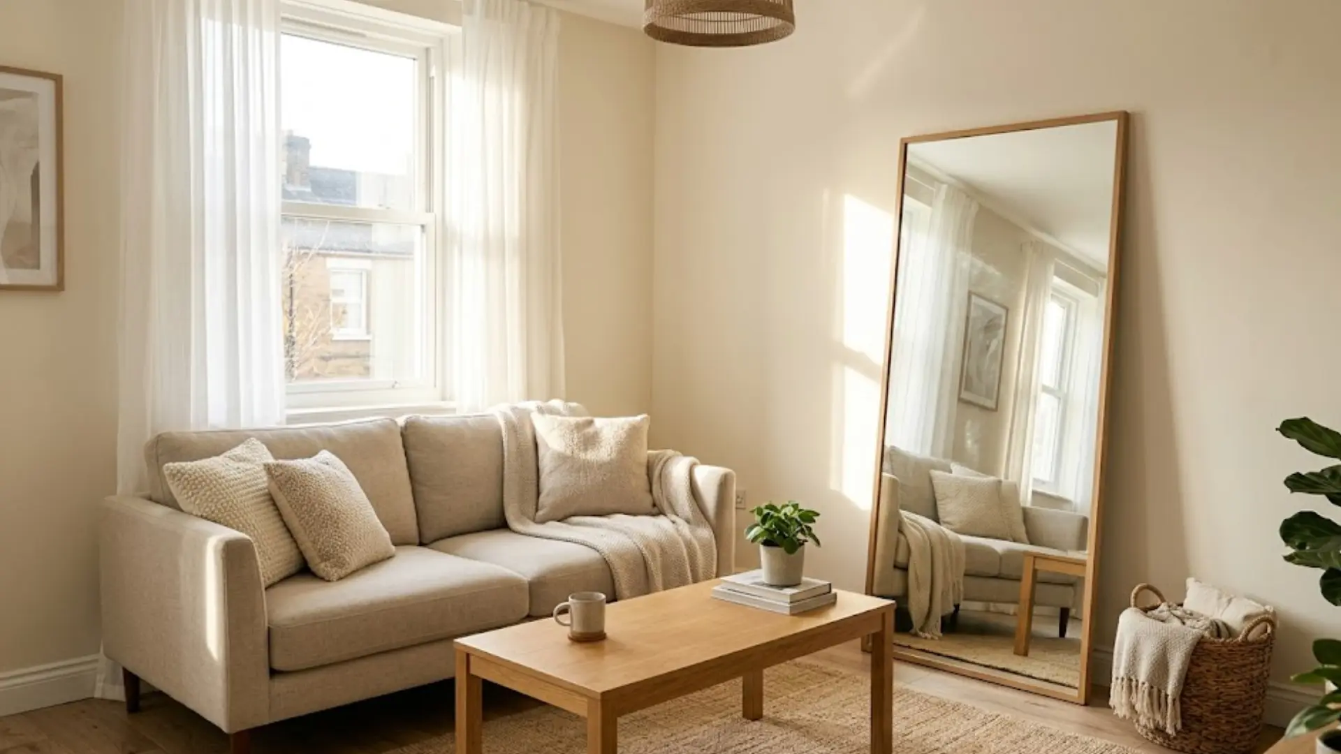 small living room with light beige walls, a large floor mirror, sheer curtains, and minimal furniture to look bigger