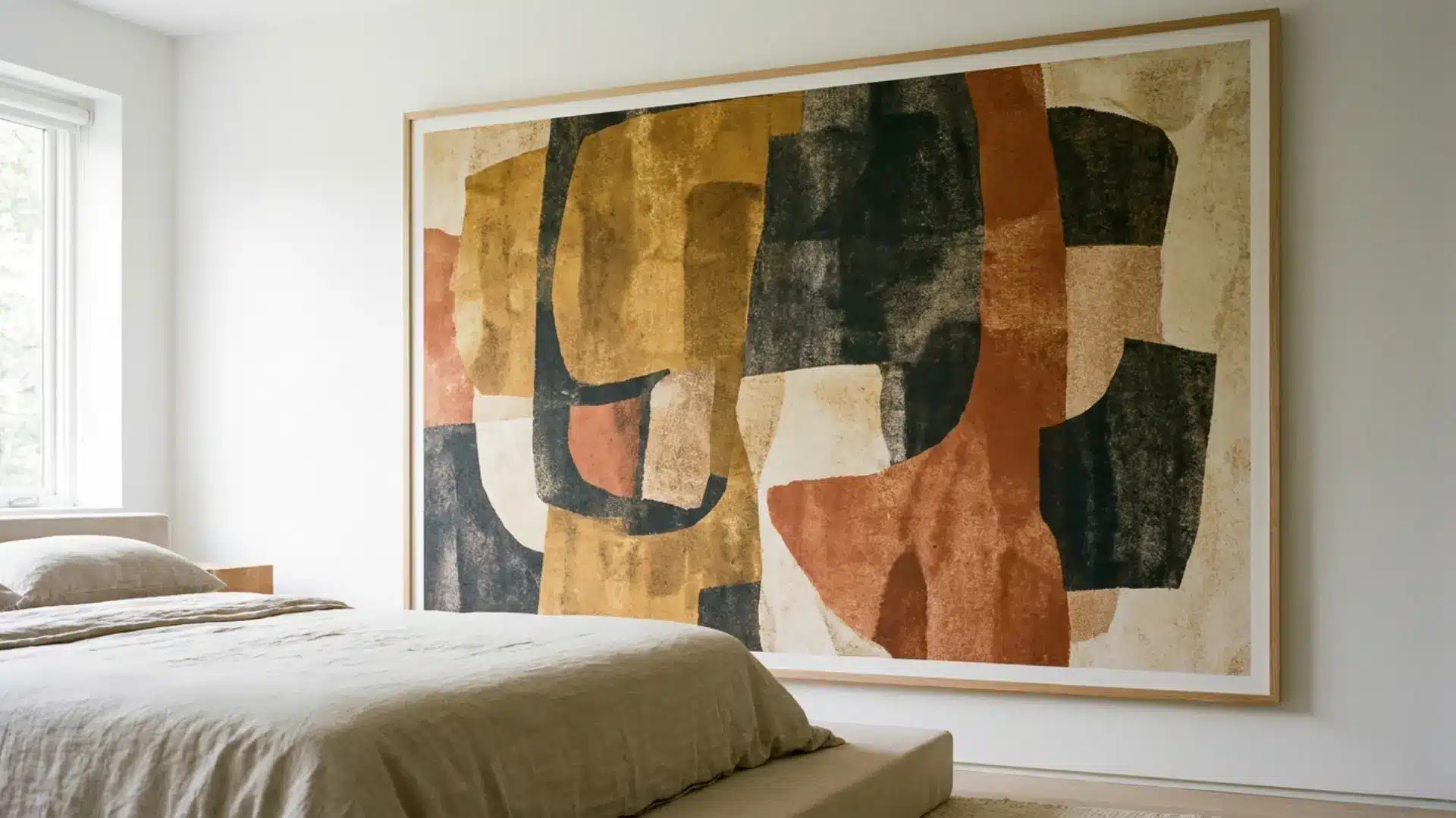 oversized abstract print in thin wood frame hung centered above a minimalist guest bed