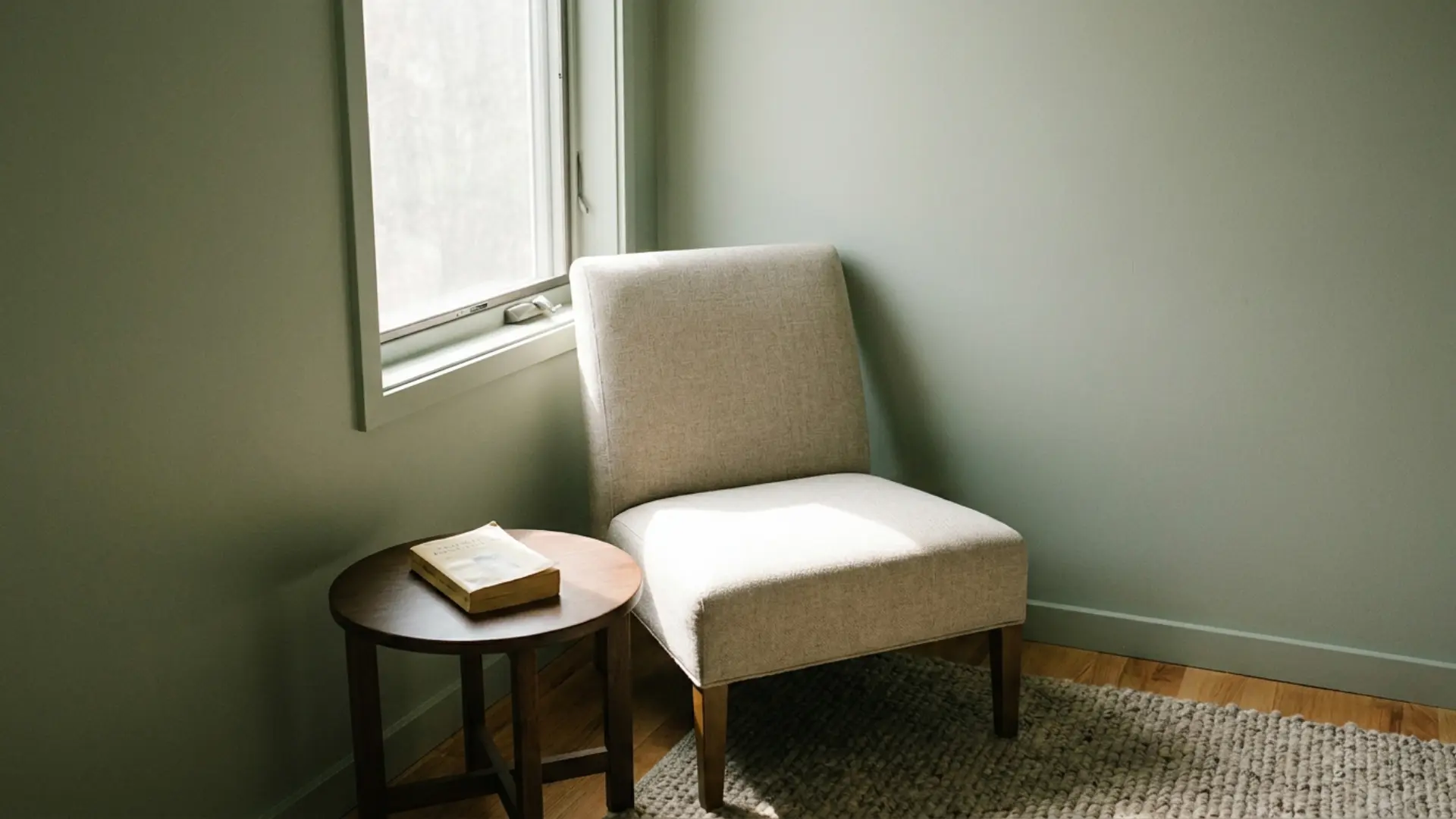 slim linen accent chair in narrow guest room corner beside window with small side table
