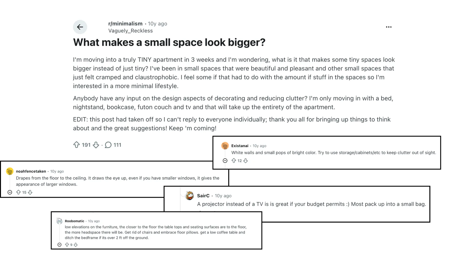homeowner tips from a reddit minimalism thread on making small spaces look bigger and less cramped