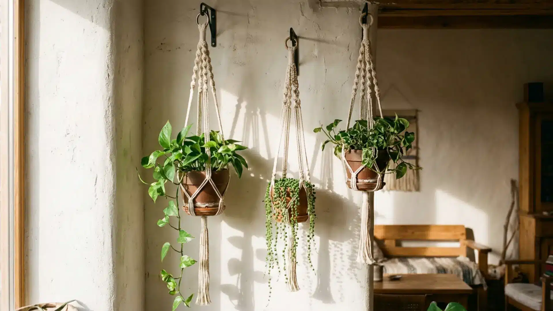 air plant wall pocket display with tillandsia in jute pockets on warm white wall