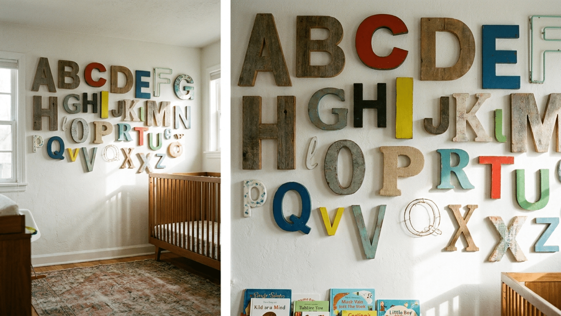 mismatched alphabet letter gallery wall in mixed colors and materials in childs bedroom