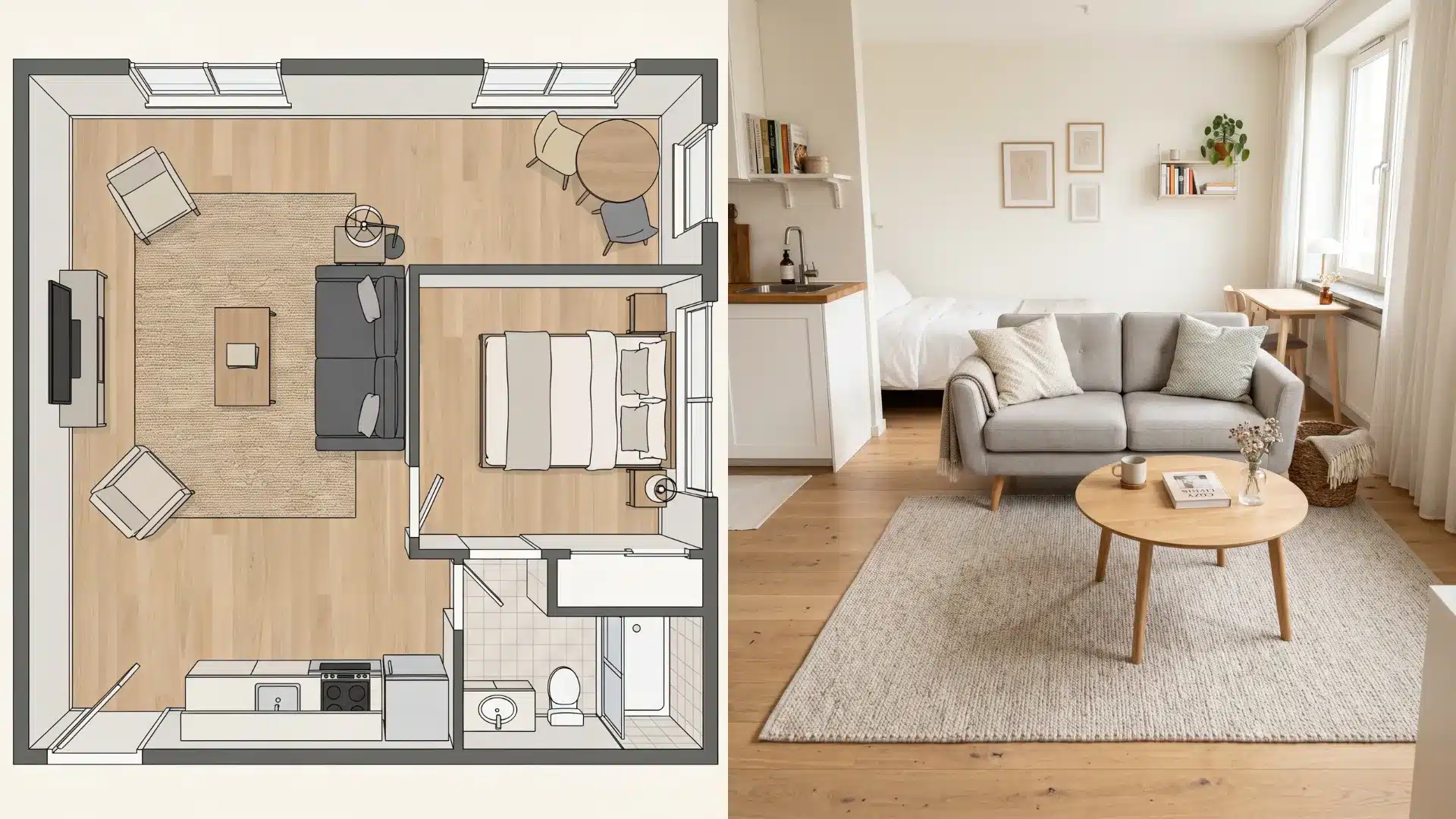 small apartment featuring a cozy living room with a sofa and a bedroom with a bed, showcasing compact living space