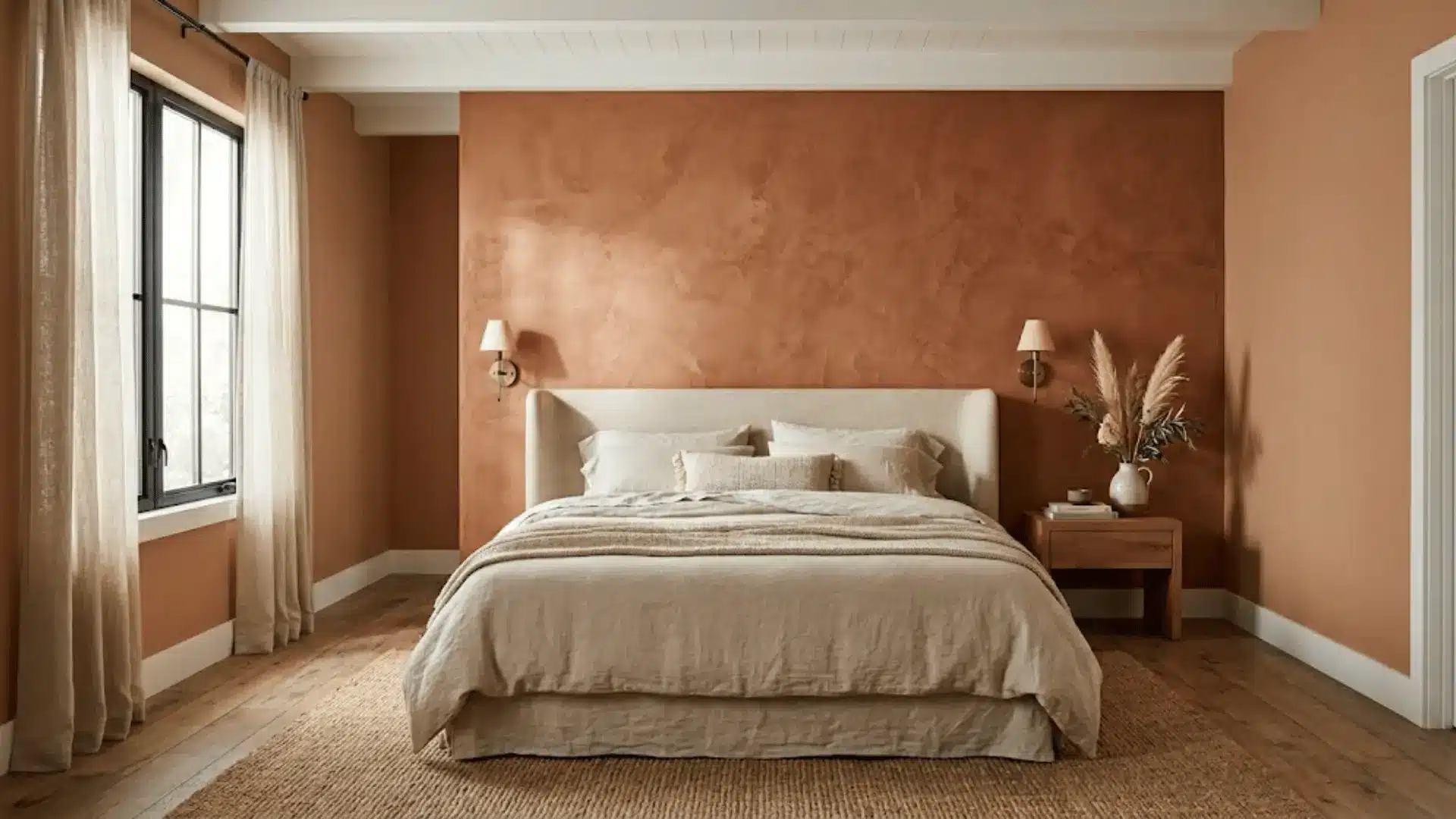 roman clay textured bedroom accent wall in warm terracotta with linen bedding and brass sconces
