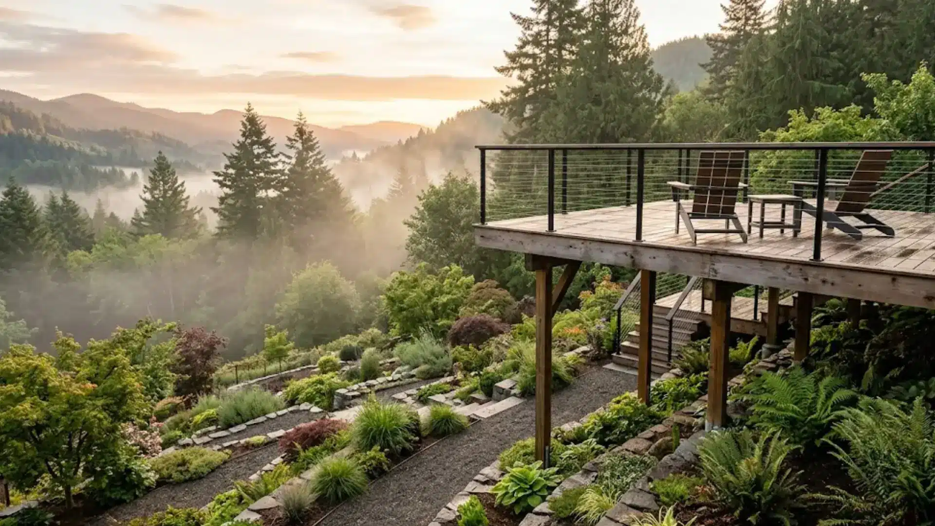 heighted wooden observation deck with adirondack chairs overlooking a terraced hillside garden at sunrise