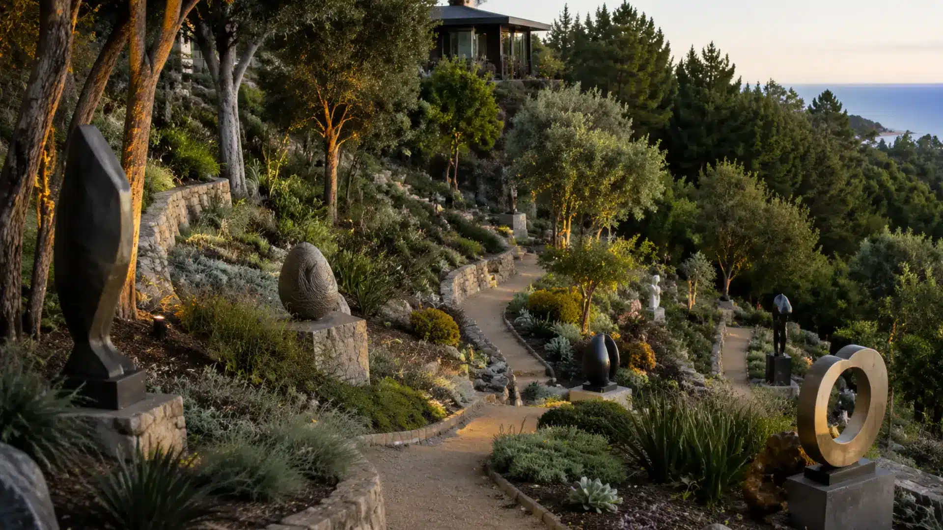 erraced hillside sculpture garden with stone pathway, abstract art pieces on pedestals, and landscape lighting