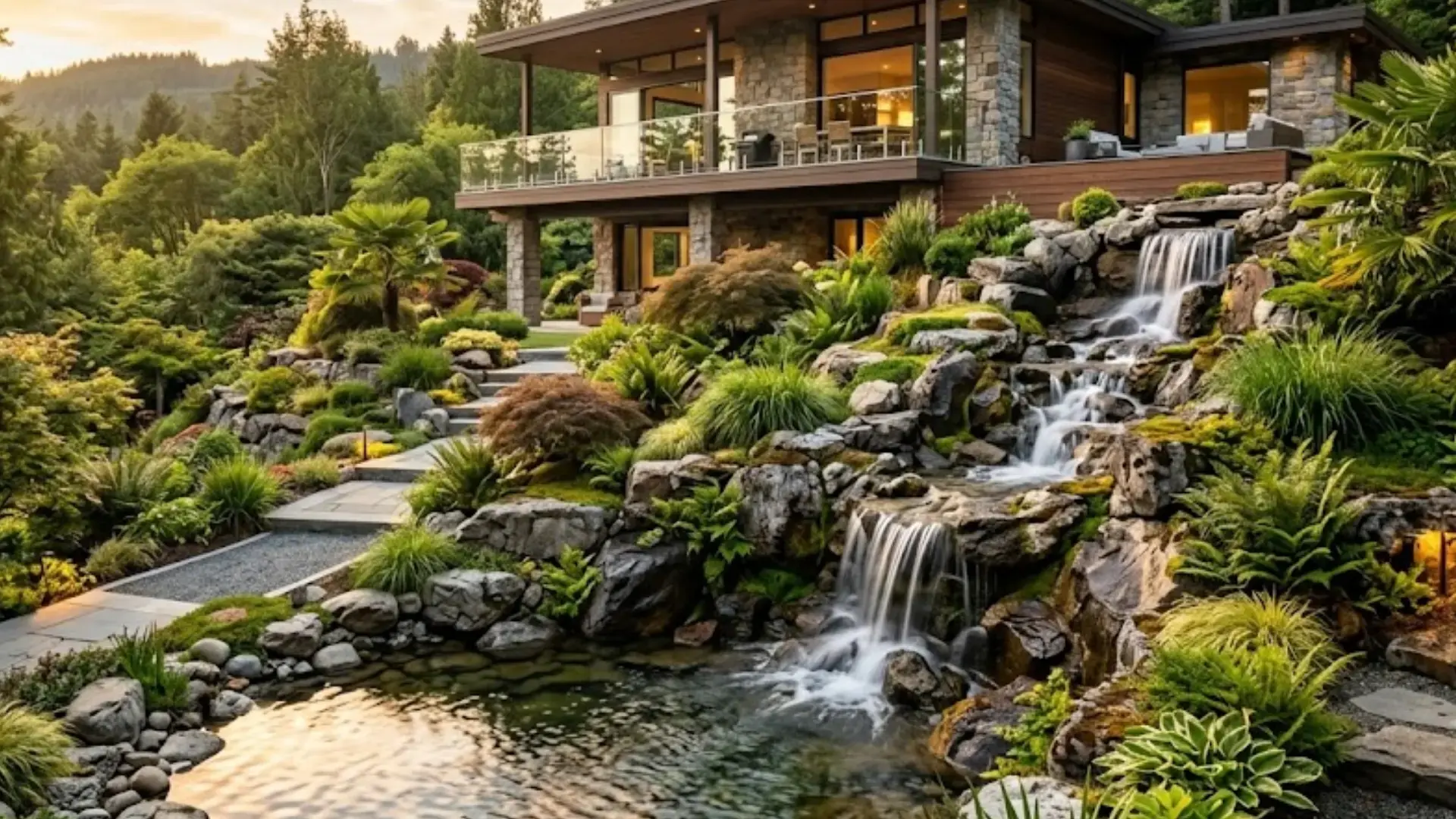 multi-tier backyard waterfall cascading over natural rocks into a pond with lush ferns and japanese maples