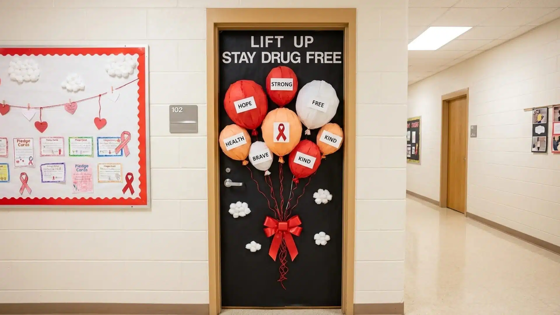 door adorned with colorful balloons and a sign reading stay drug free promoting a positive message for the community
