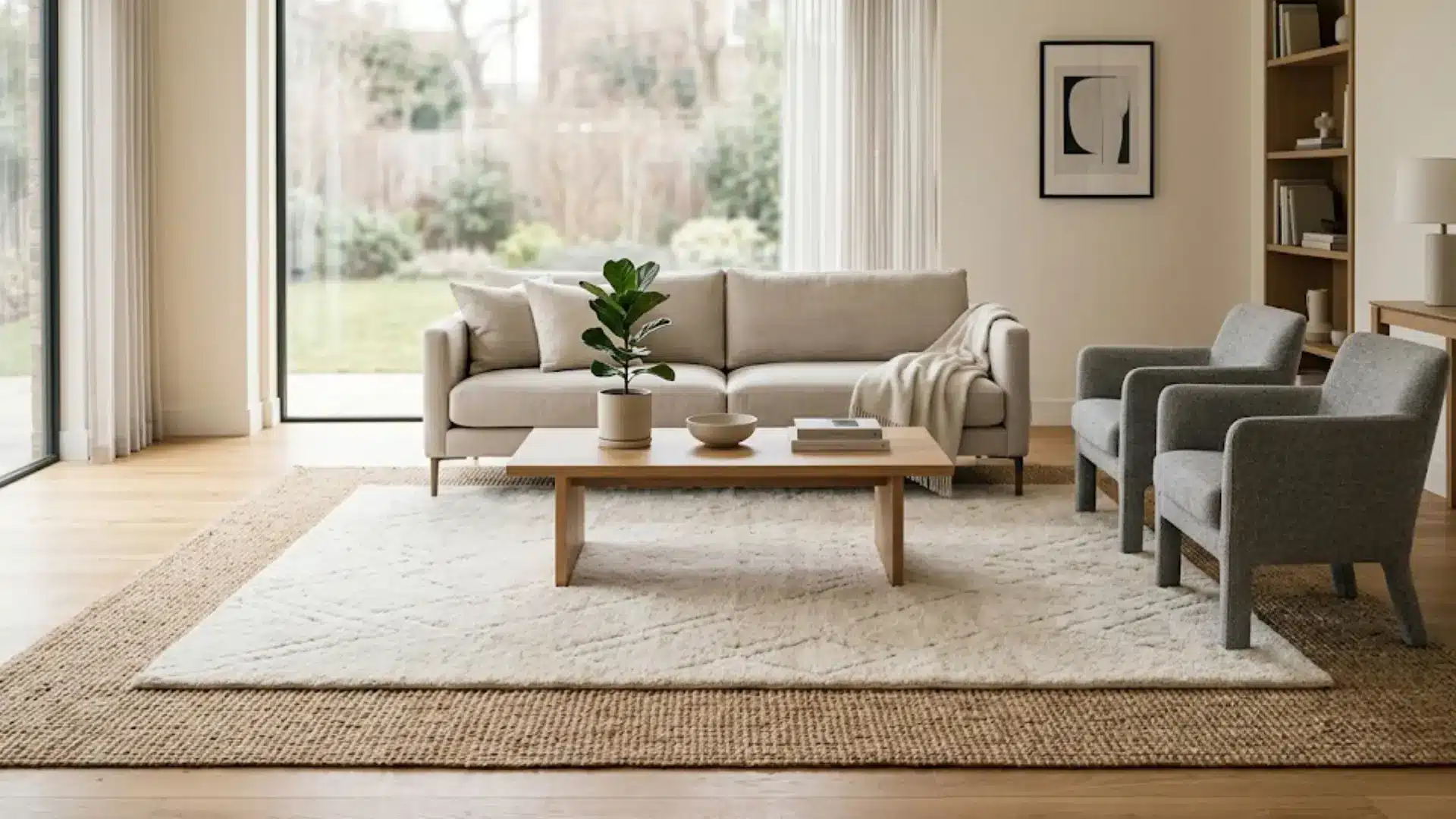 white textured rug layered over a jute rug in a neutral living room with beige sofa and gray accent chairs