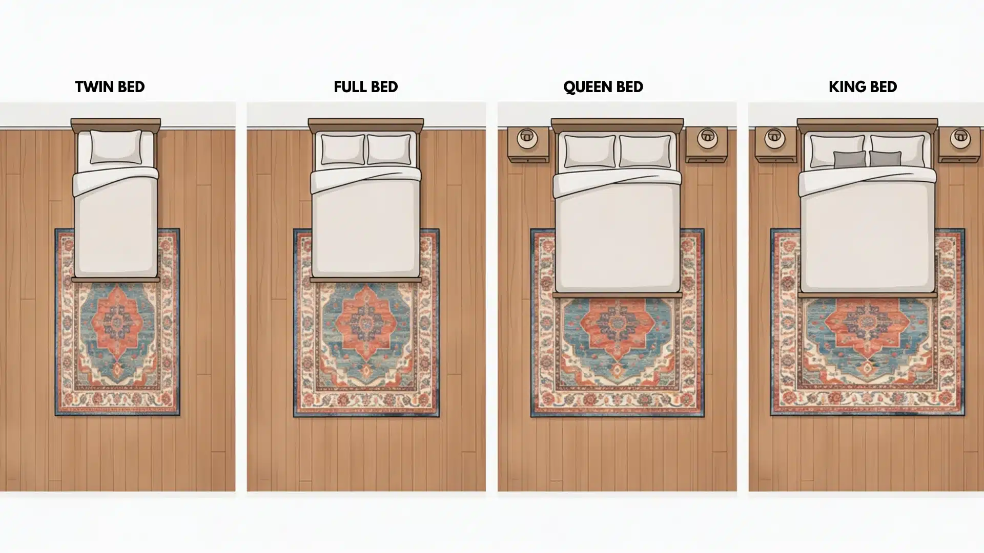 a diagram illustrating various bed sizes and their dimensions in relation to room layouts
