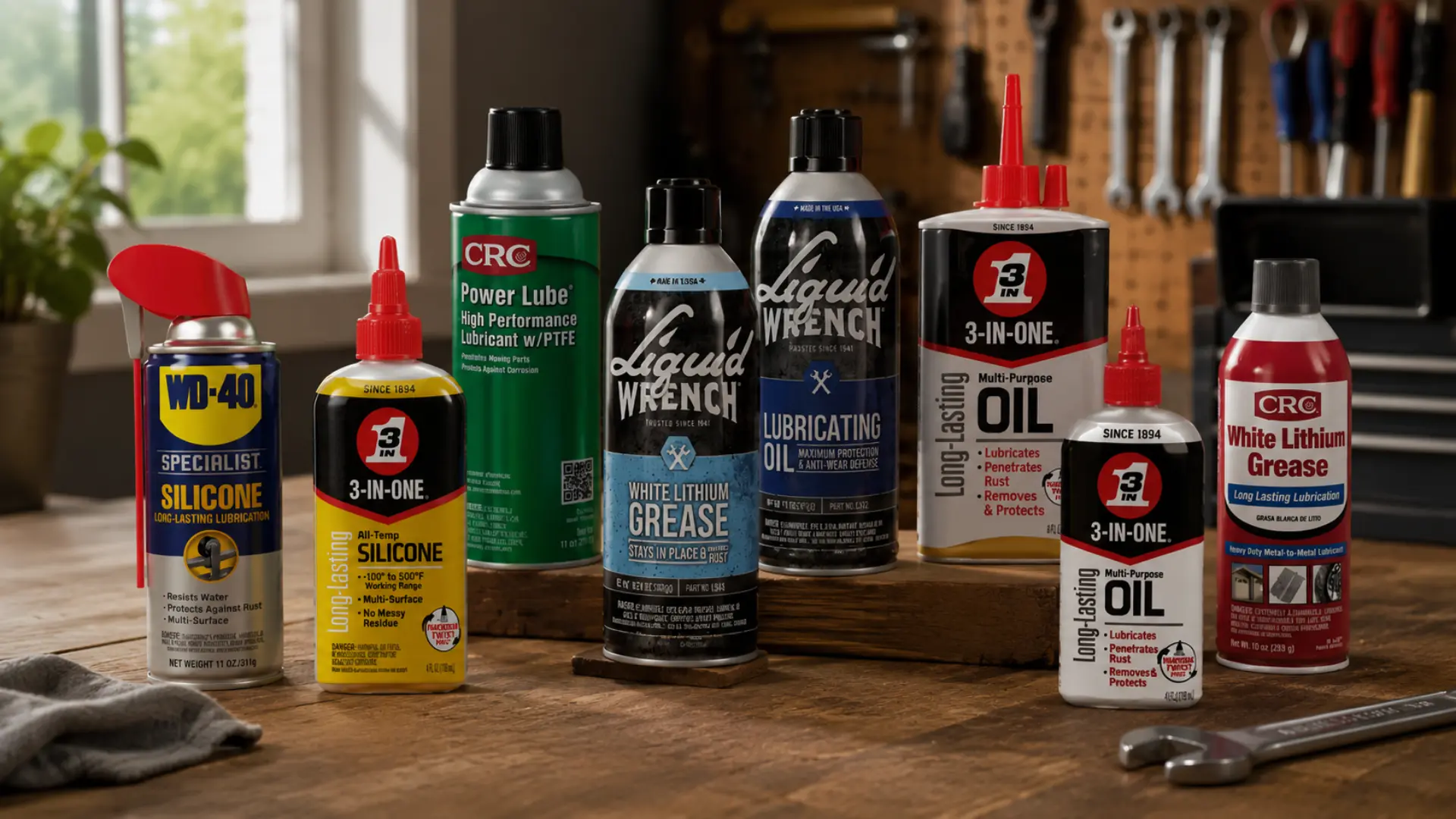 various lubricant sprays, oils, and white lithium grease products arranged on a wooden workbench