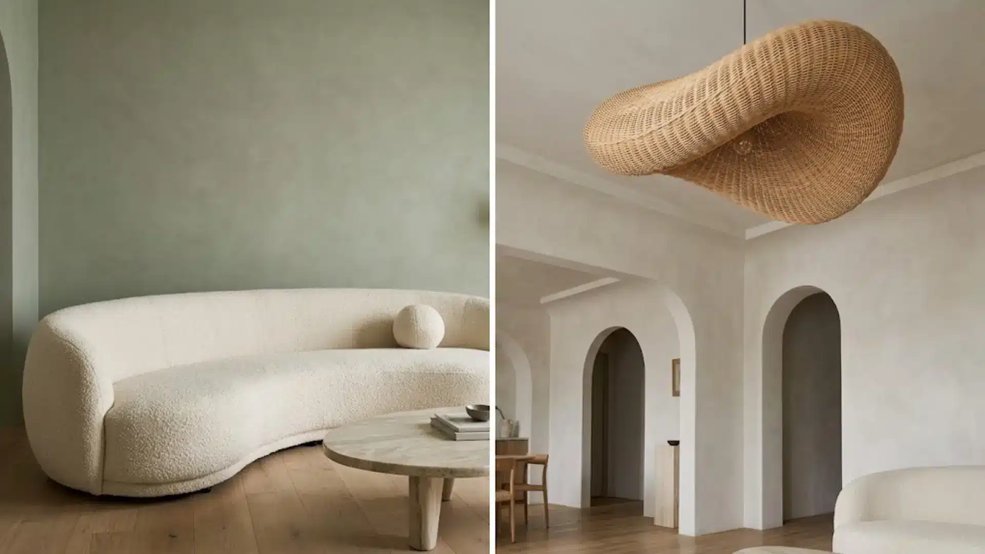 curved boucle sofa against sage wall and oversized rattan pendant light in a biomorphic living room