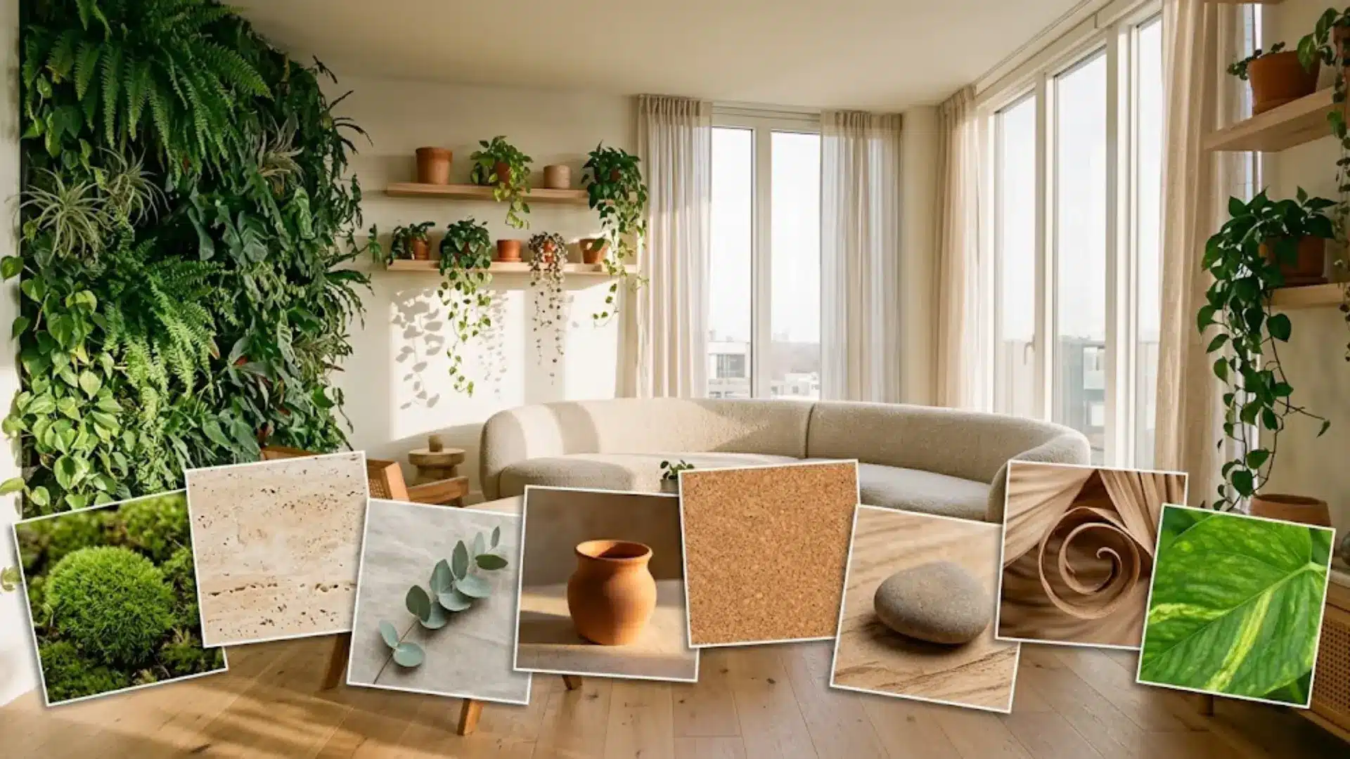 biophilic apartment interior with scattered collage tiles of moss, travertine, eucalyptus, cork, and terracotta in foreground