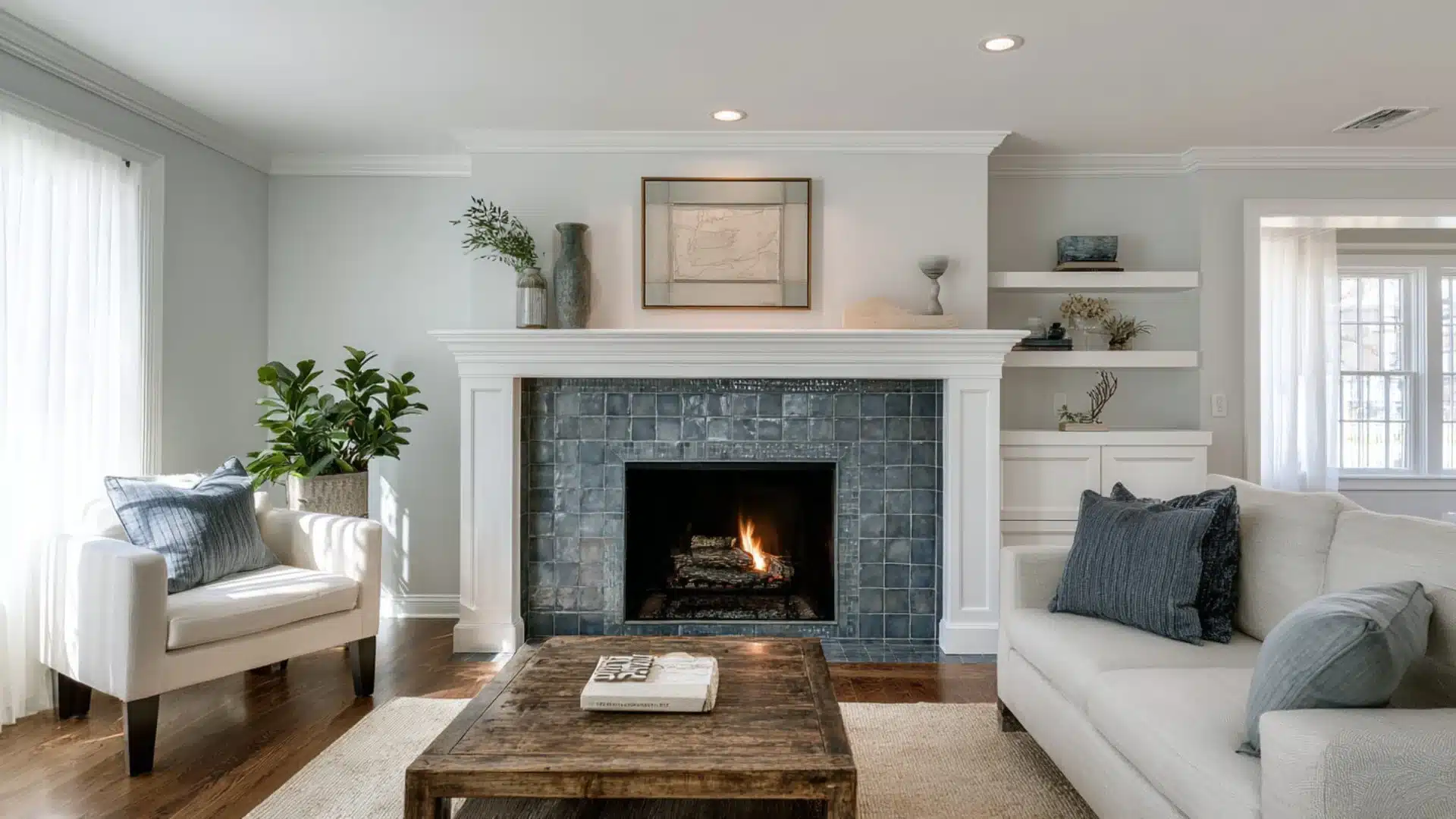 bluestone tile fireplace surround with dark grout