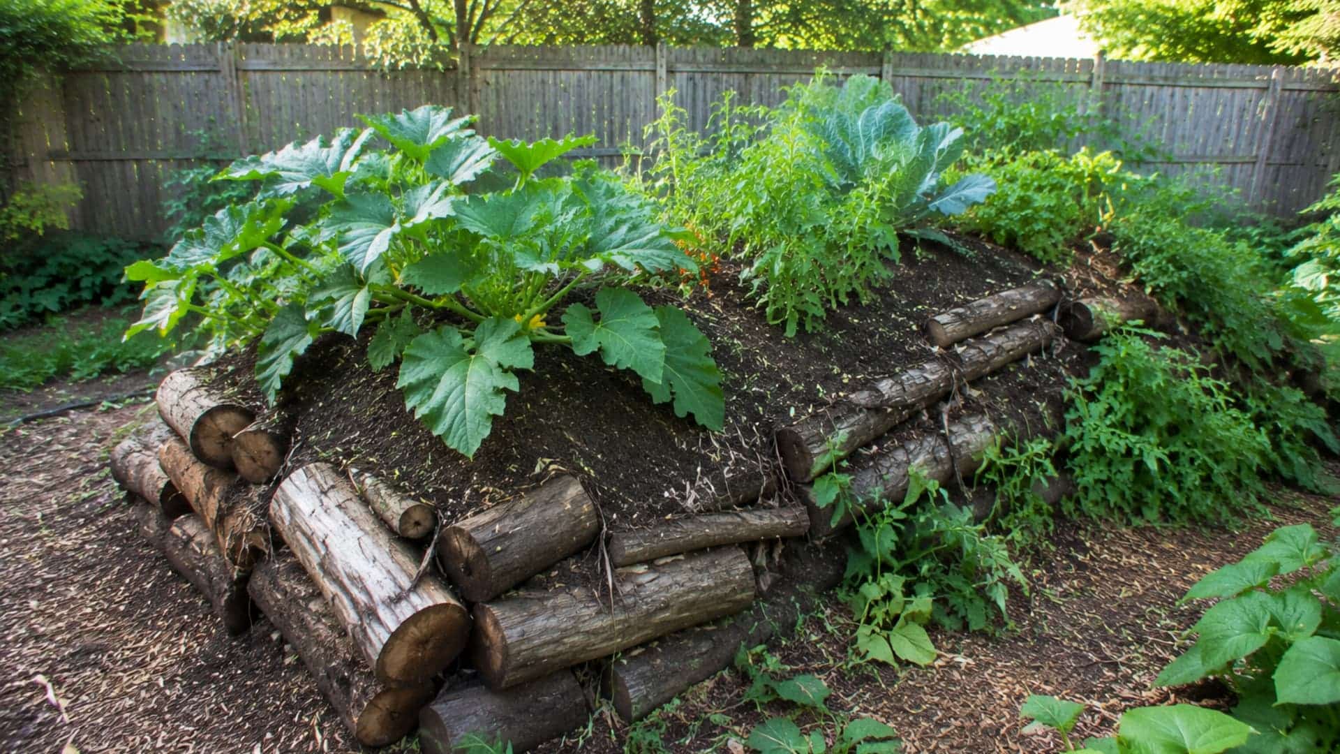 a mounded garden bed with vegetables growing across a raised soil slope in a backyard