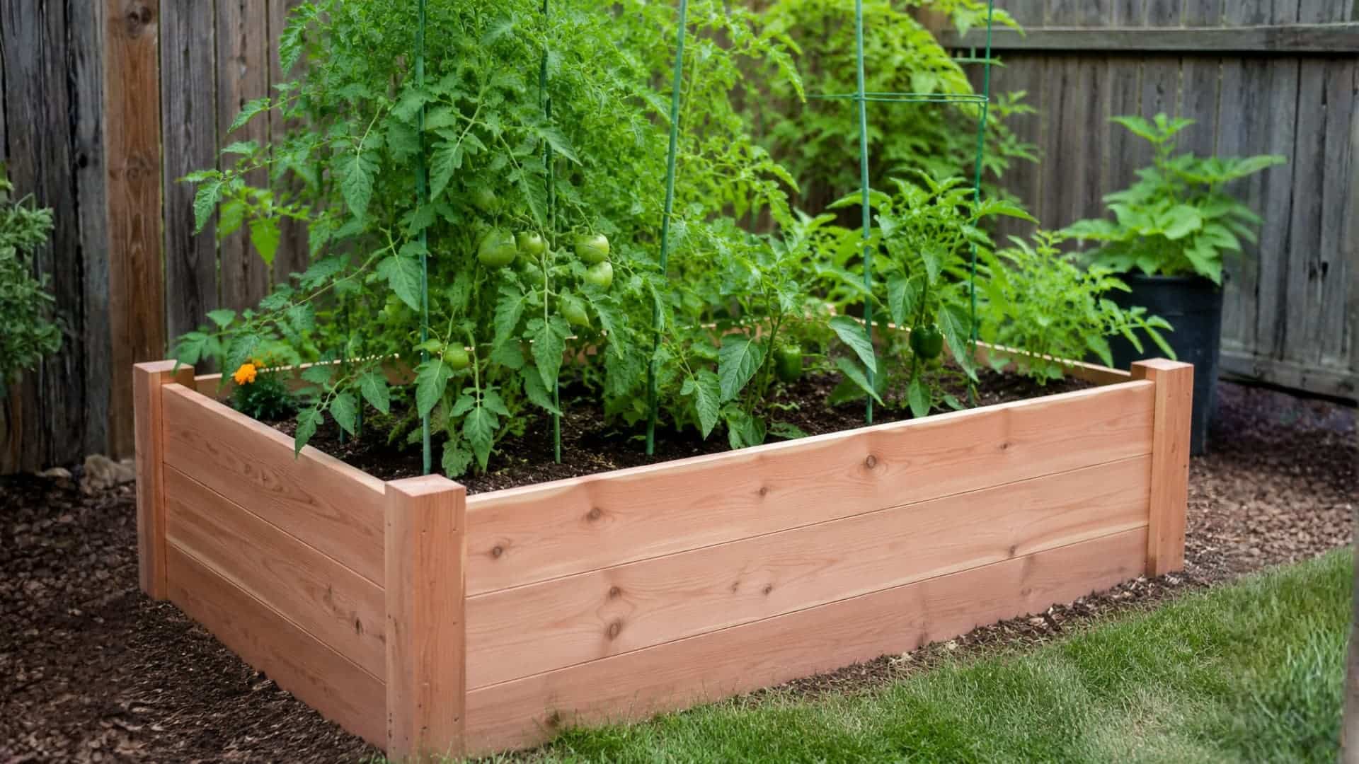 a cedar raised bed filled with tomato, pepper, and lettuce plants in a backyard garden