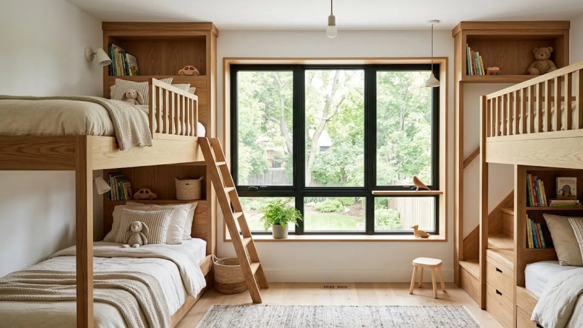 bunk beds around a window