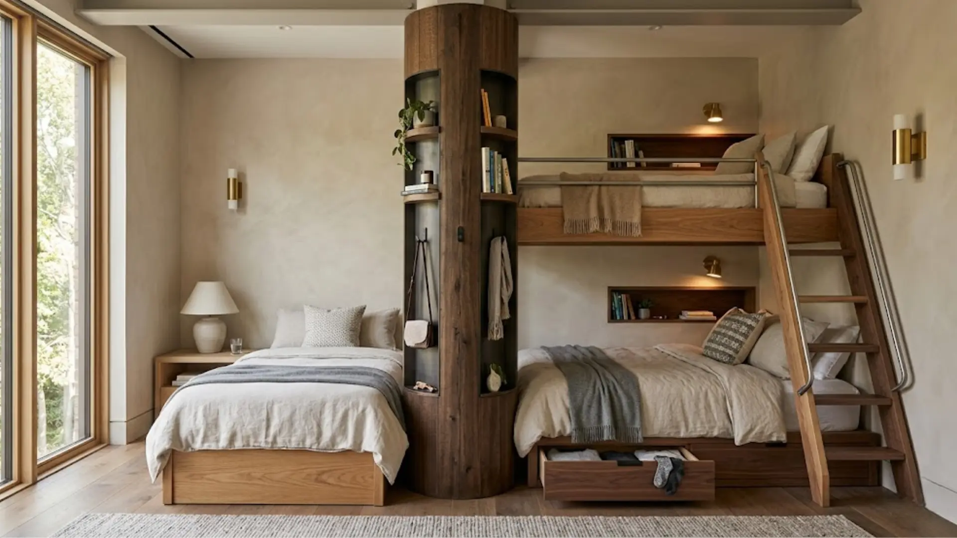 bunk beds built around a support column