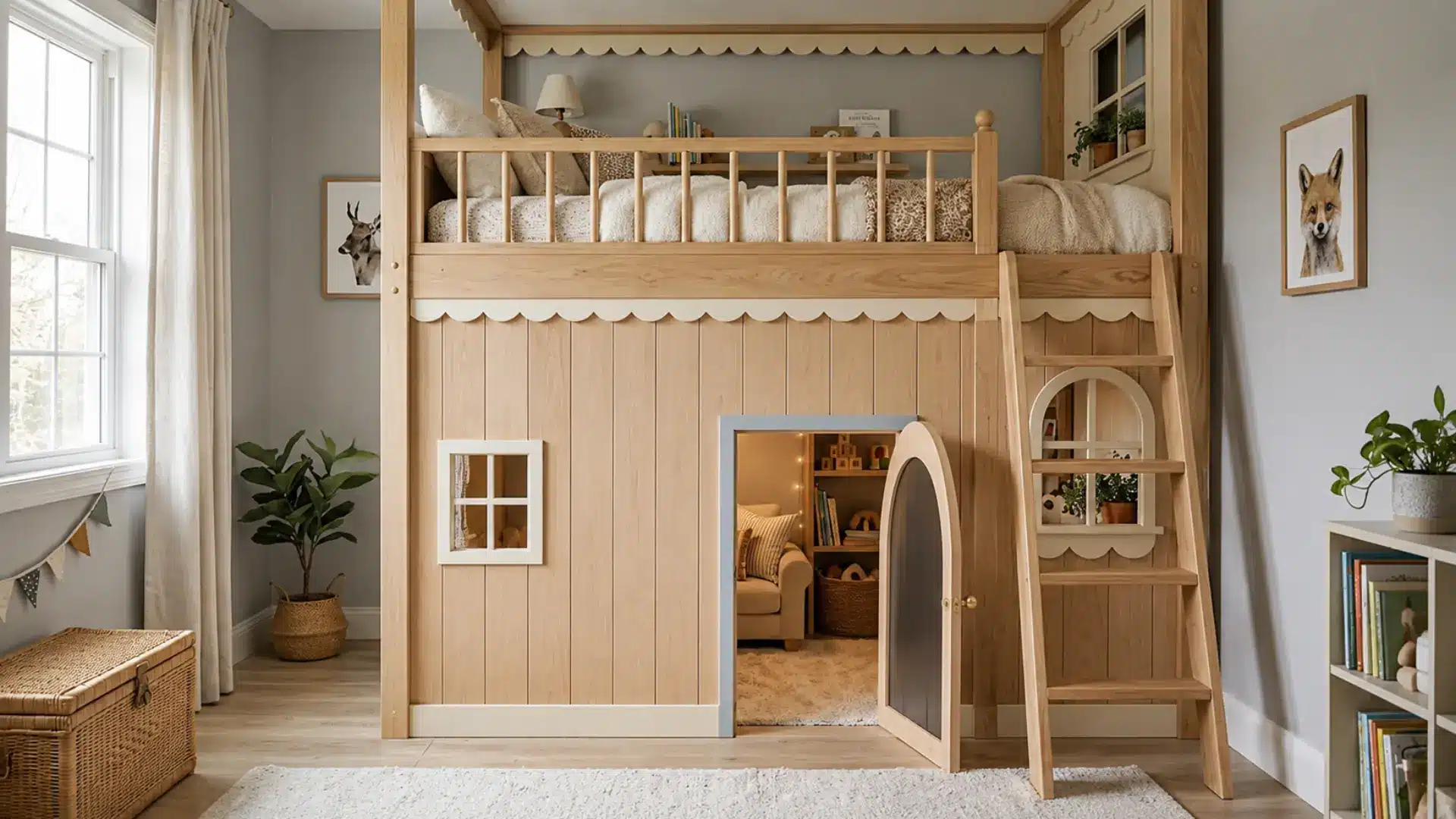 bunk beds with a built In playhouse area