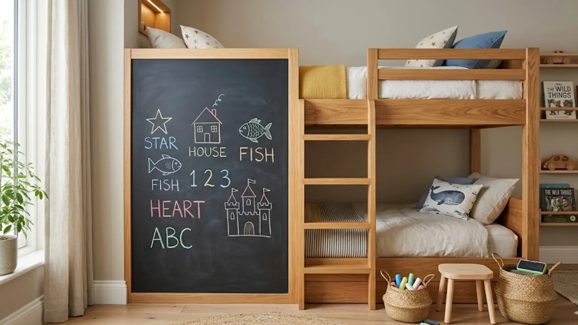bunk beds with a chalkboard panel