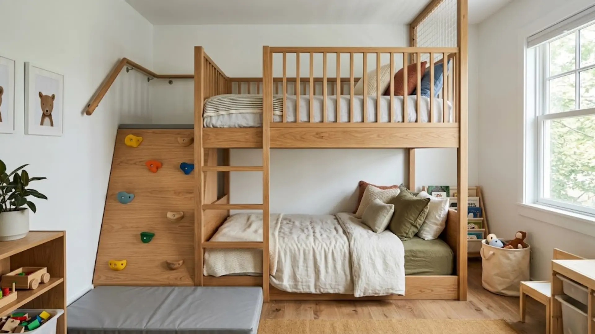 bunk beds with a climbing wall