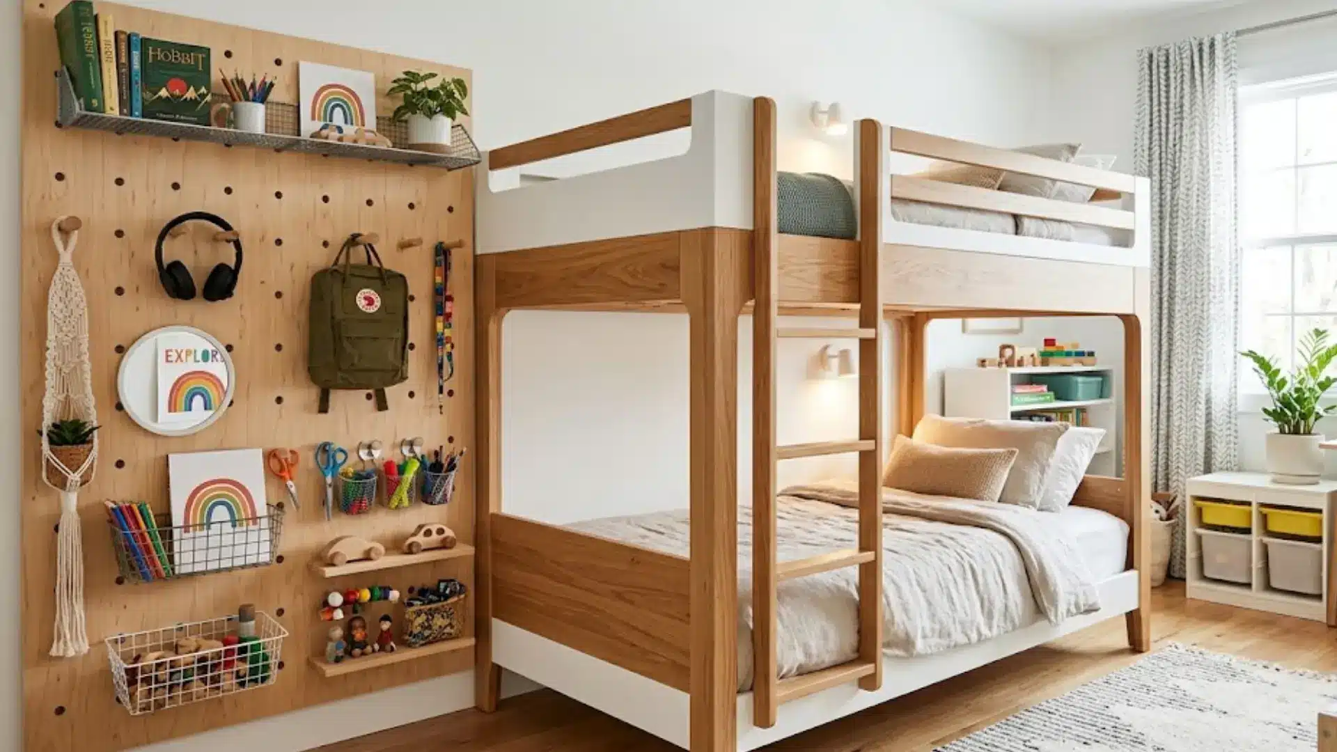 bunk beds with a pegboard wall