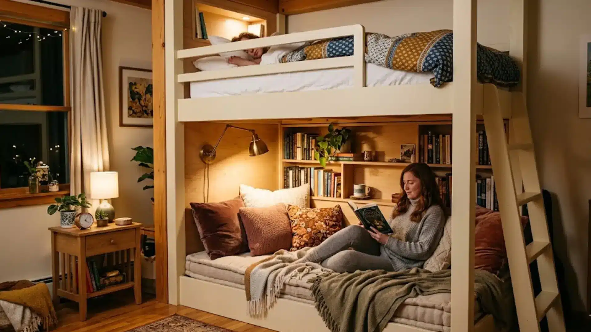 bunk beds with a reading nook