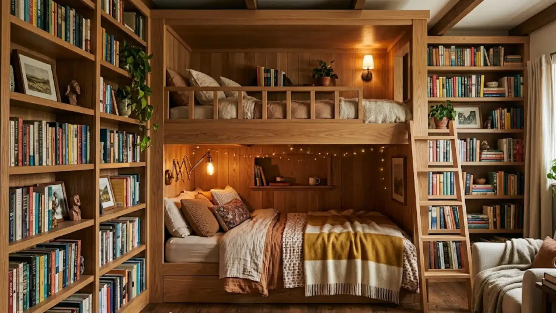 bunk beds with bookshelves