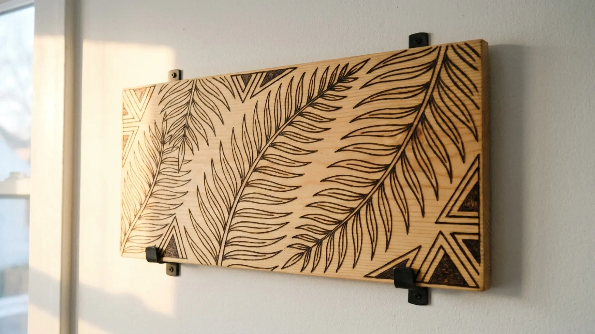 pyrography wood sign with fern design burned into light pine plank on white wall