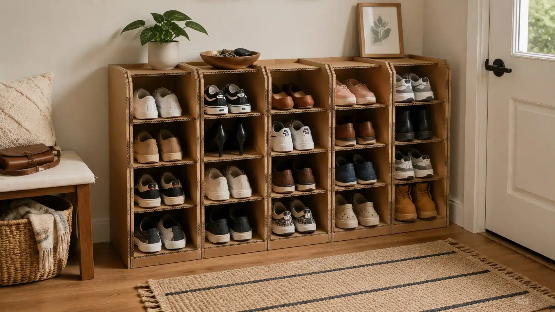 a wooden shoe rack displaying several pairs of shoes positioned in front of a door alongside a basket of shoes