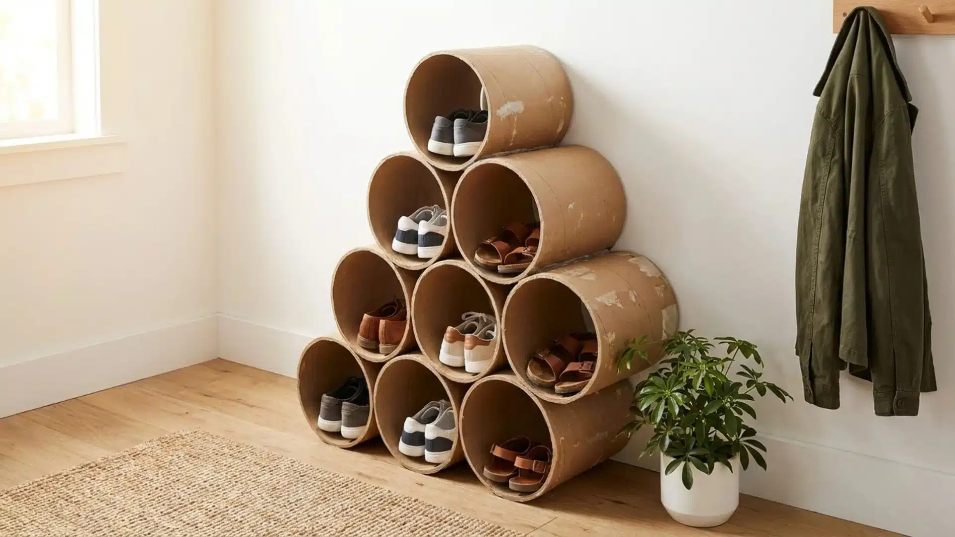 a shoe rack creatively designed using cardboard tubes showcasing multiple pairs of shoes organized neatly on display