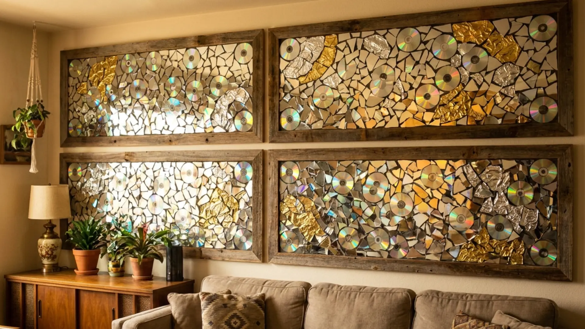 cd and foil mosaic panel reflecting light on white interior wall as diy wall art