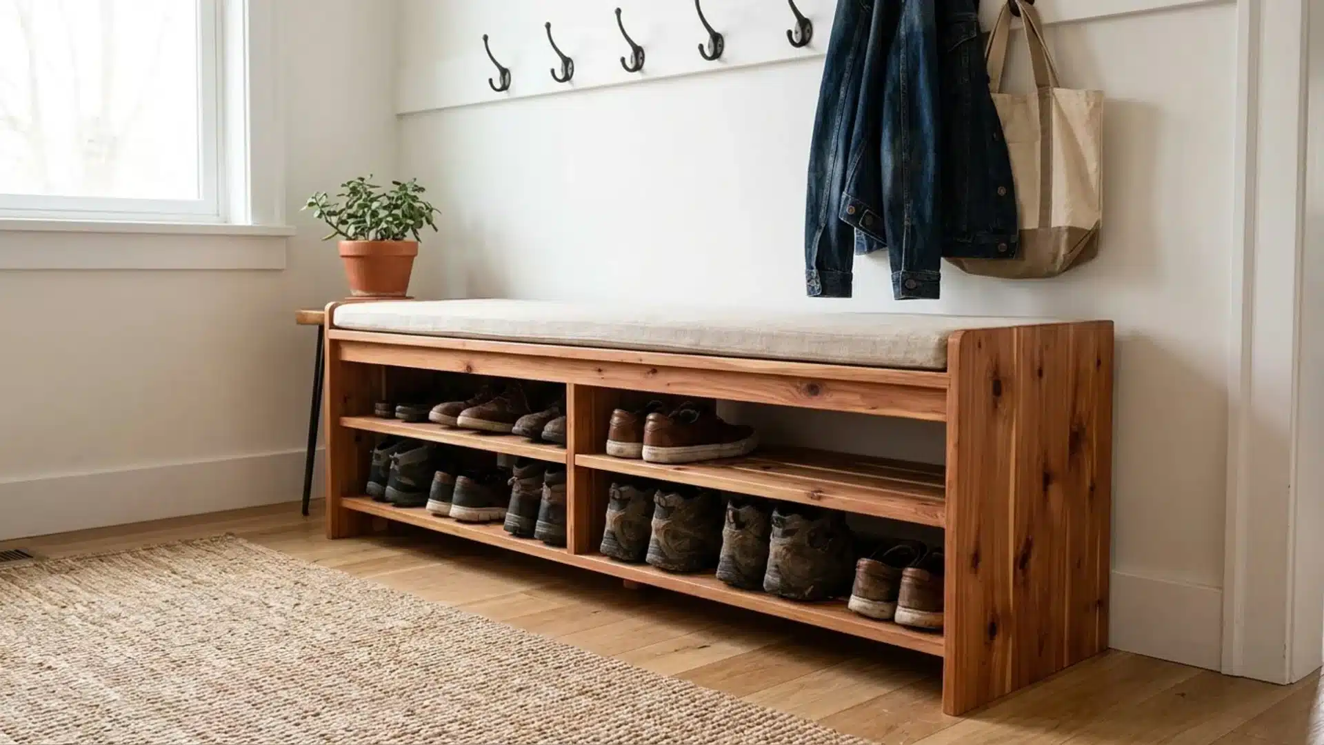 shoe rack displaying various shoes alongside a coat rack with several coats hanging on it