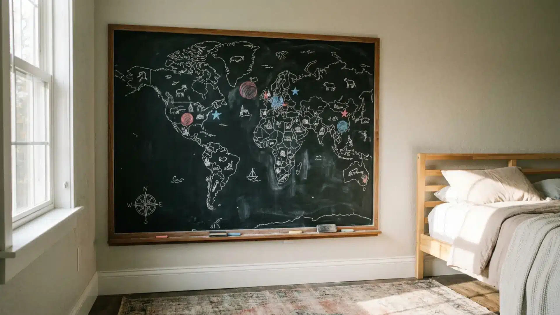 chalkboard map wall panel with chalk drawn world map in childs bedroom