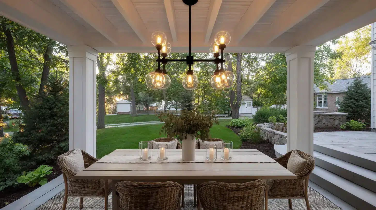 matte black six-arm chandelier glowing over whitewashed dining table on a covered outdoor deck