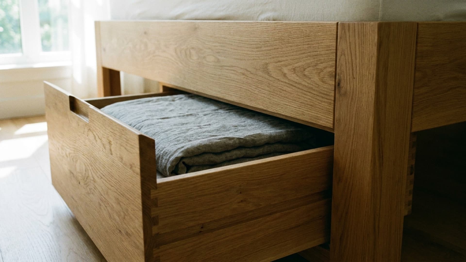 low natural wood bed frame with open built-in drawer holding folded grey linen blanket
