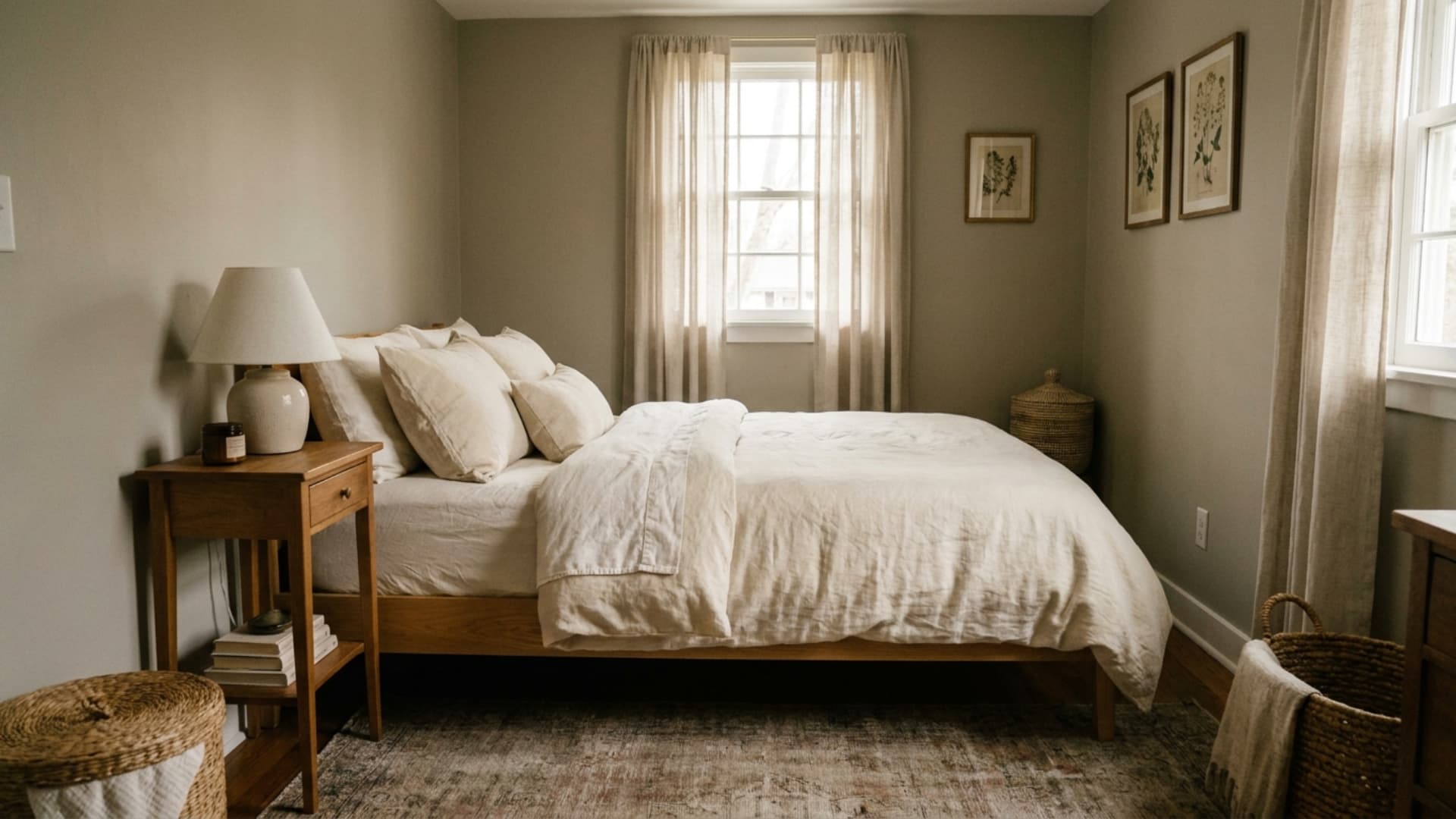 neutral guest bedroom with warm white walls, beige bedding, and natural wood nightstand
