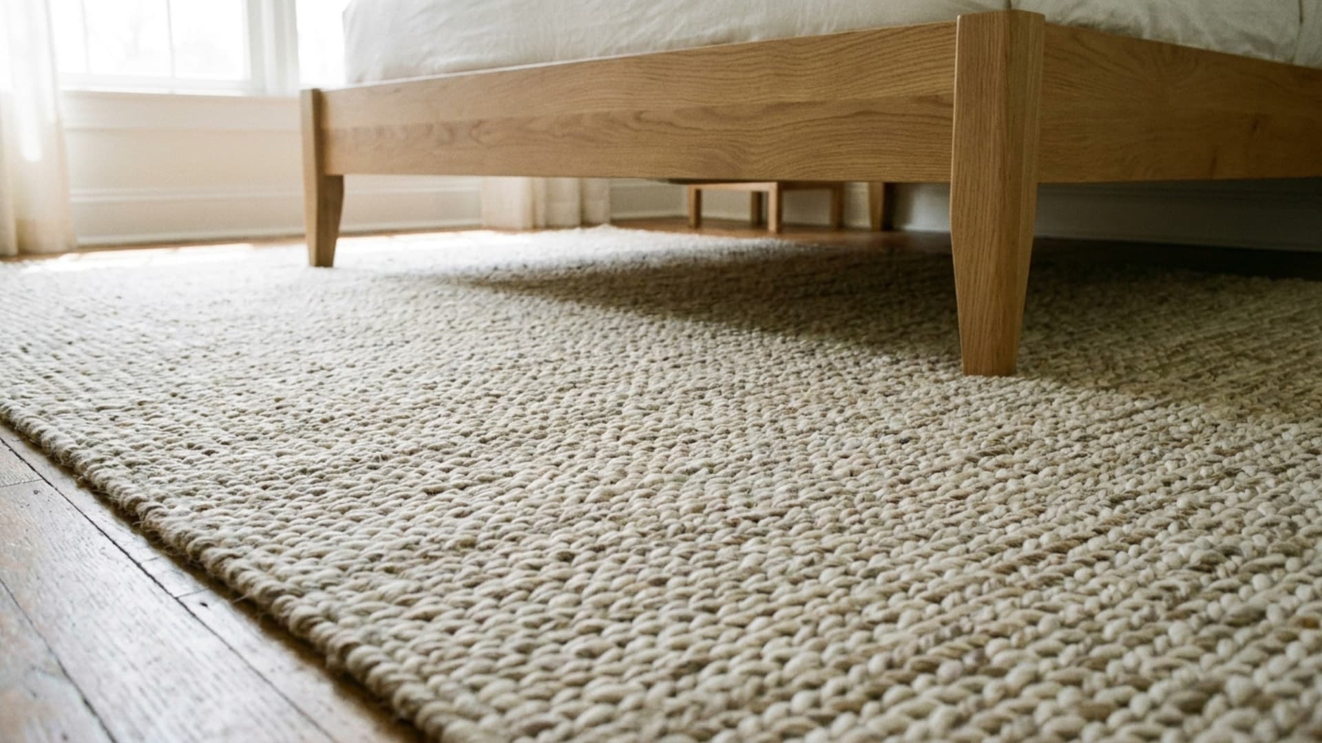 low-pile neutral area rug extending from under natural wood guest bed frame on hardwood