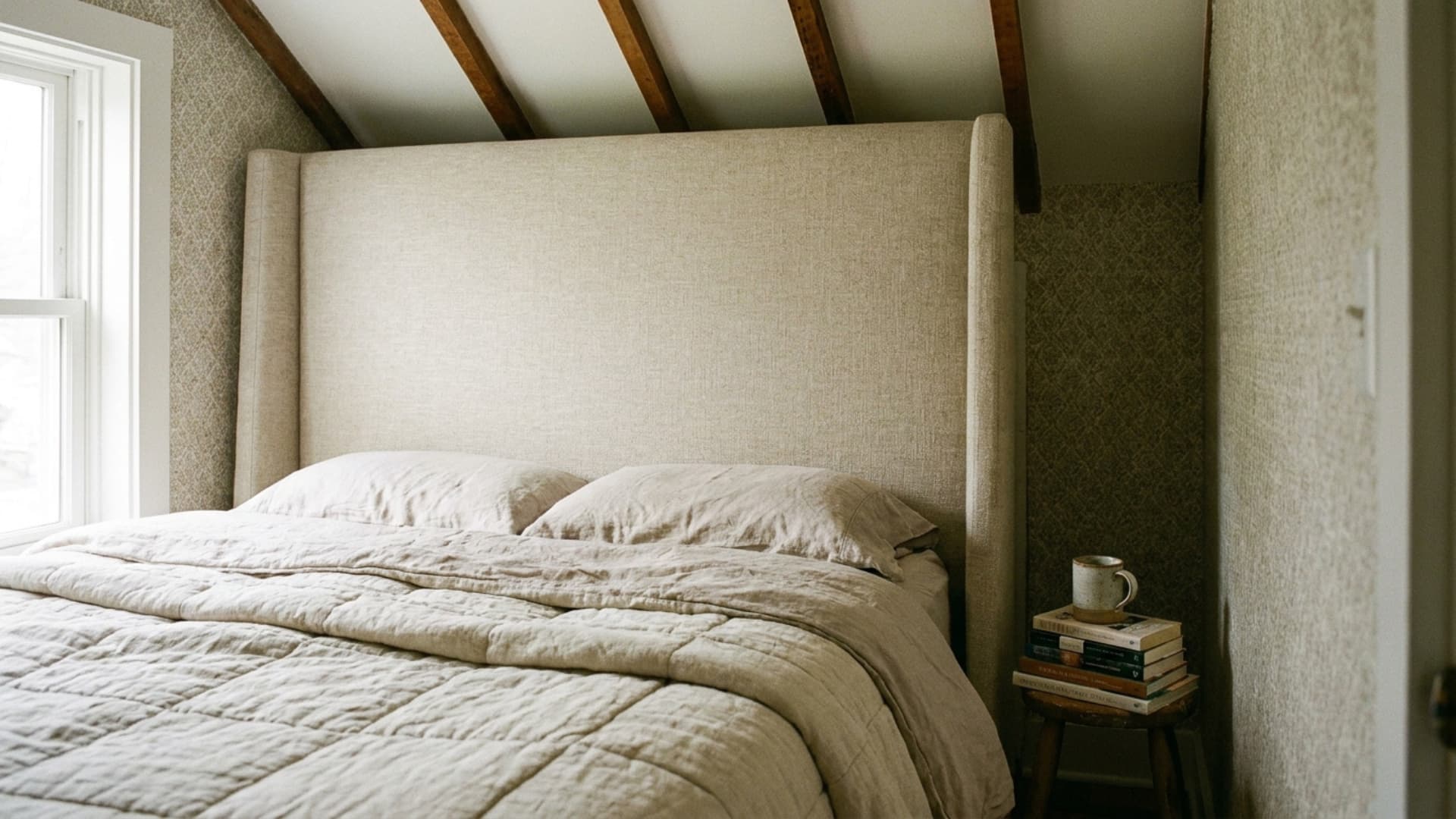 tall upholstered linen headboard reaching near ceiling in compact full-size guest room