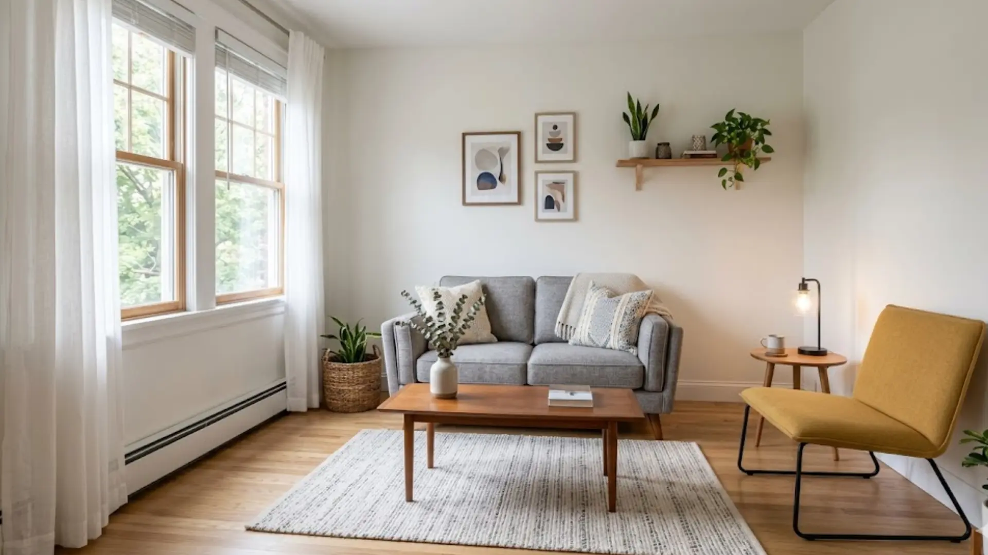 a warm living room features a mid-century wooden coffee table and gray loveseat on a striped rug