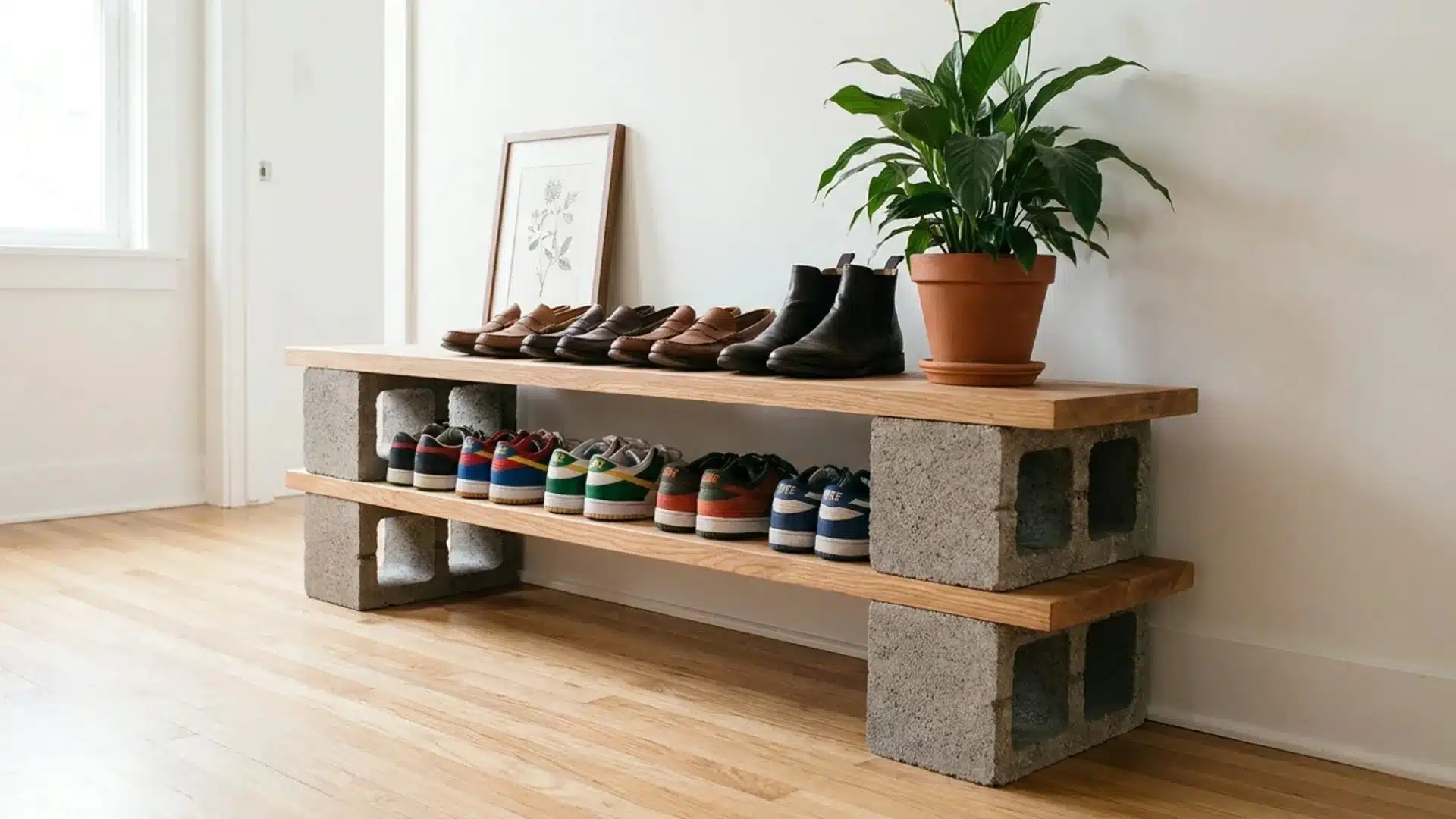 a shoe shelf constructed from concrete blocks displaying various pairs of shoes in an organized manner