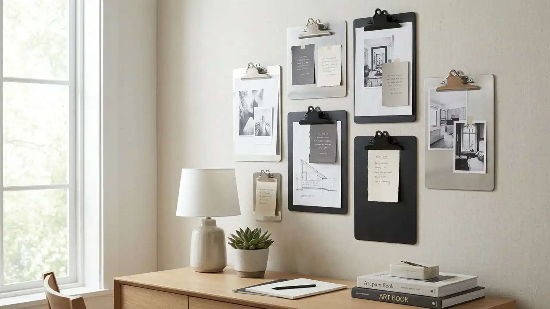 clipboard photo cluster mounted on white home office wall with printed images